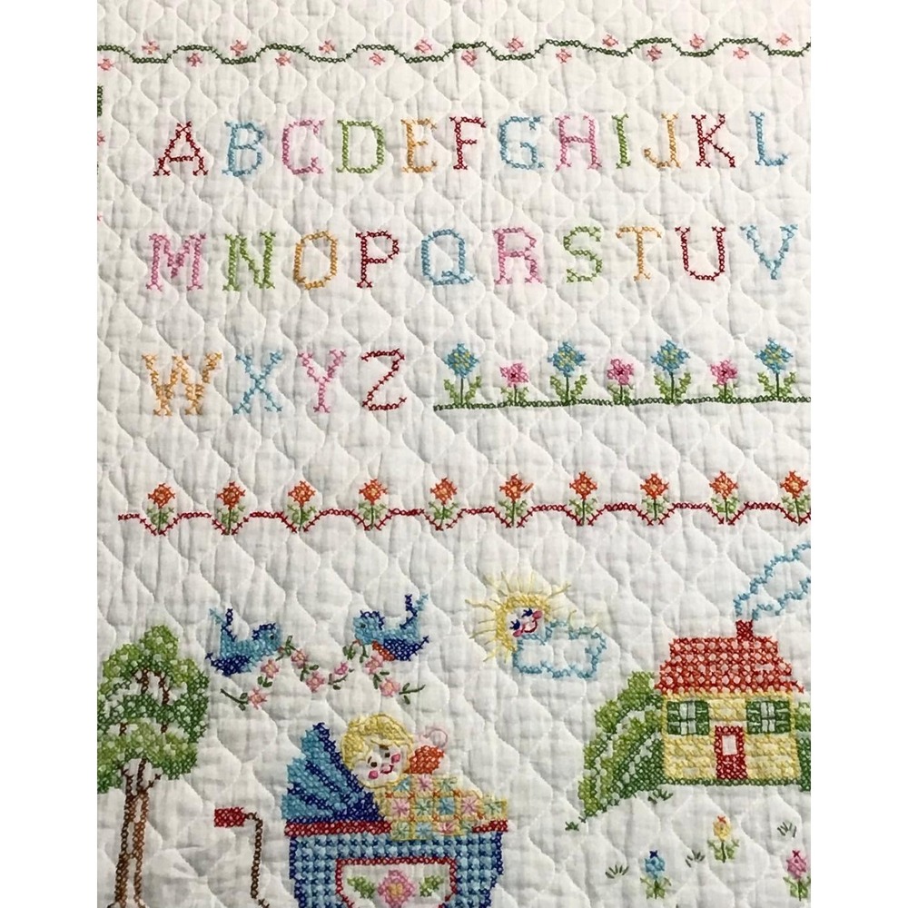 Vintage Hand Cross Stitch Baby Crib Quilt Alphabet ABC Nursery Sampler 34x57 - Picture 5 of 12